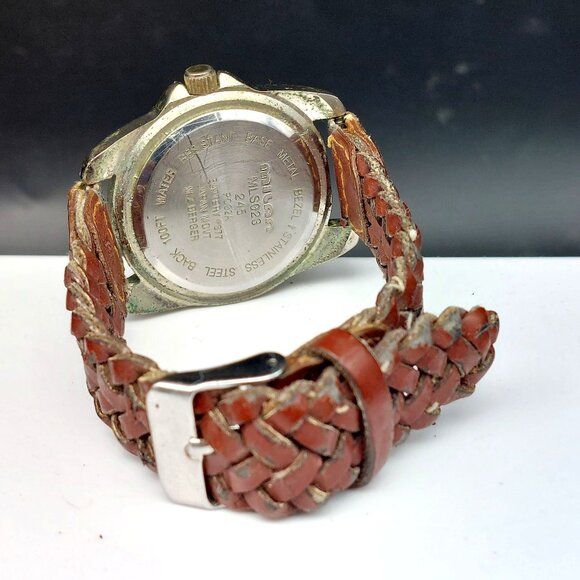 Milan Mens Date Wristwatch With Pink Dial & Woven Brown Leather Strap - Picture 6 of 8